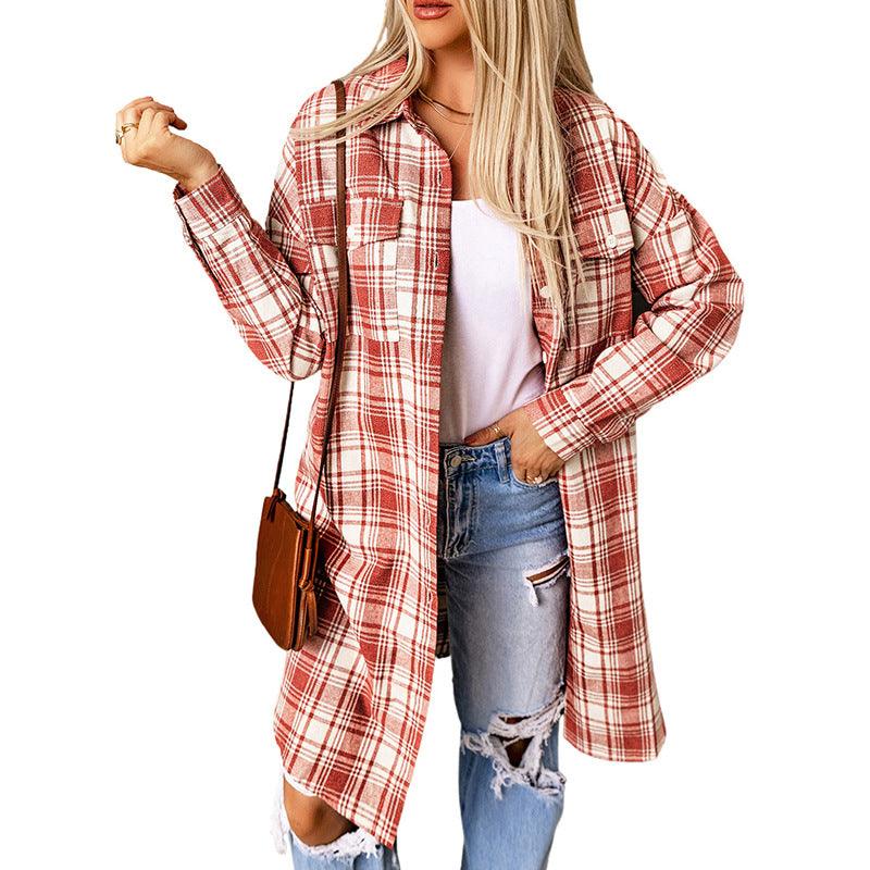 Women's Printed Checks Mid-length Shirt Coat - Nioor