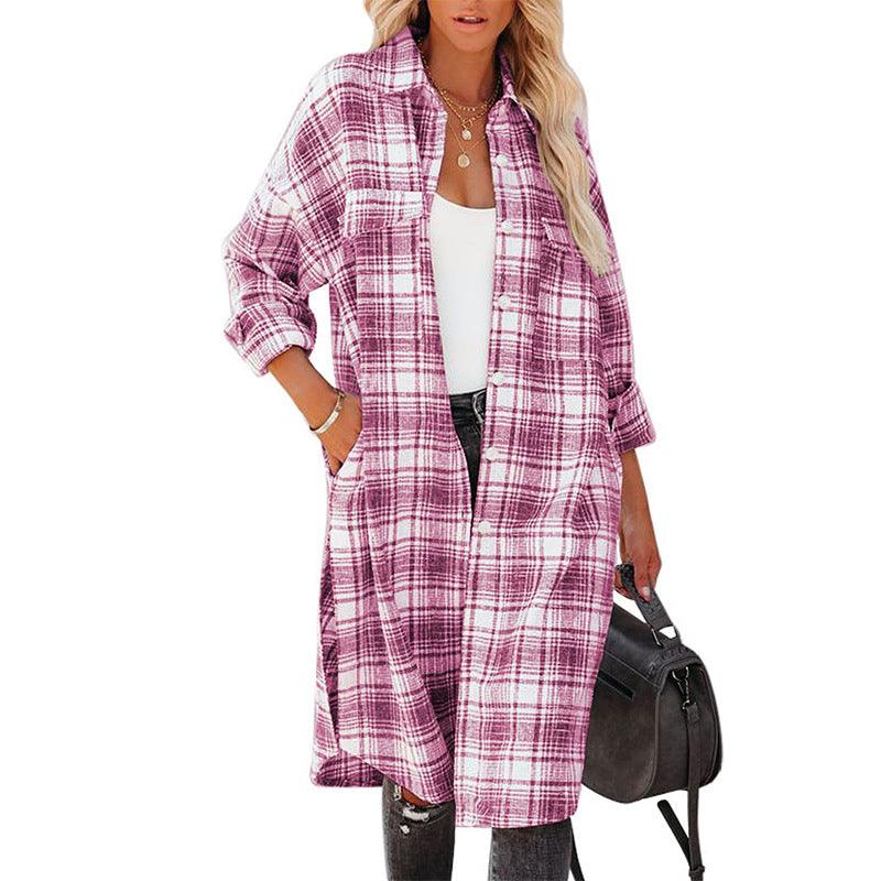 Women's Printed Checks Mid-length Shirt Coat - Nioor