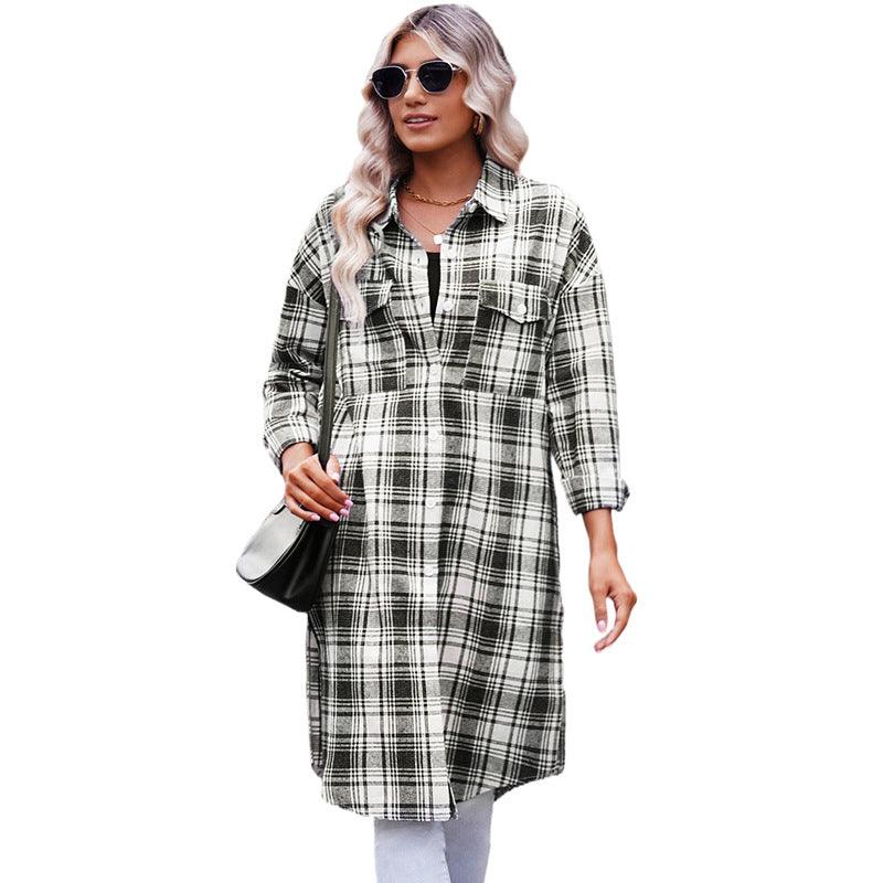 Women's Printed Checks Mid-length Shirt Coat - Nioor