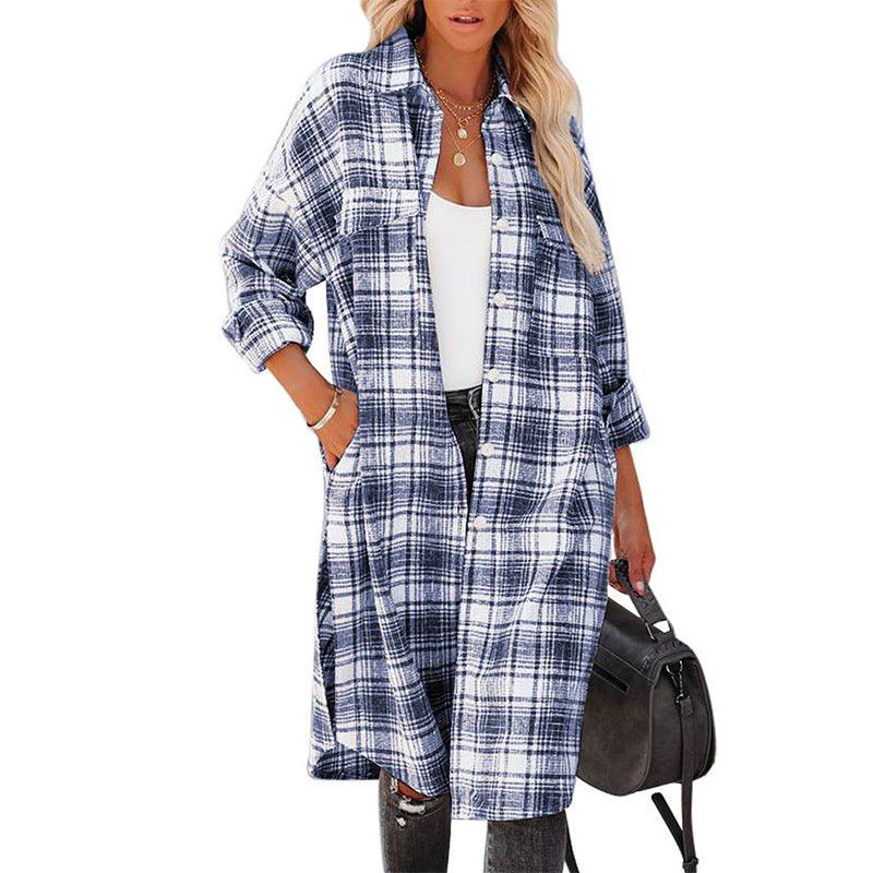 Women's Printed Checks Mid-length Shirt Coat - Nioor