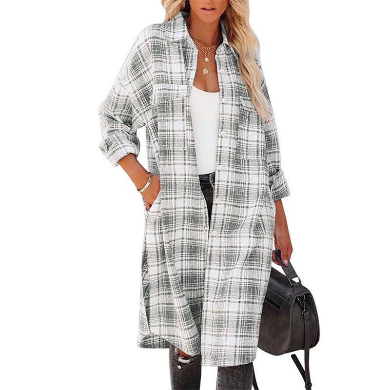 Women's Printed Checks Mid-length Shirt Coat - Nioor