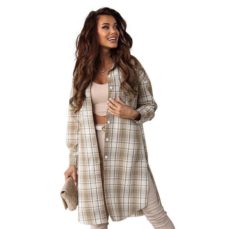 Women's Printed Checks Mid-length Shirt Coat - Nioor