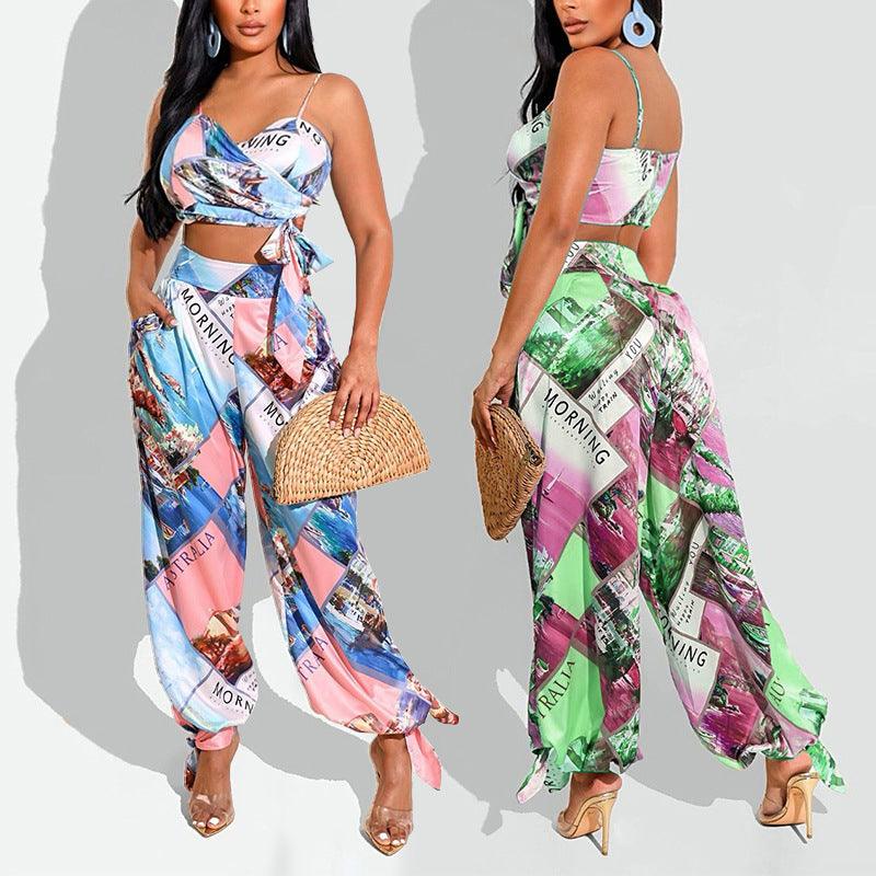 Women's Printed Chest Wrap Harem Pants Suit - Nioor