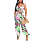 Women's Printed Chest Wrap Harem Pants Suit - Nioor