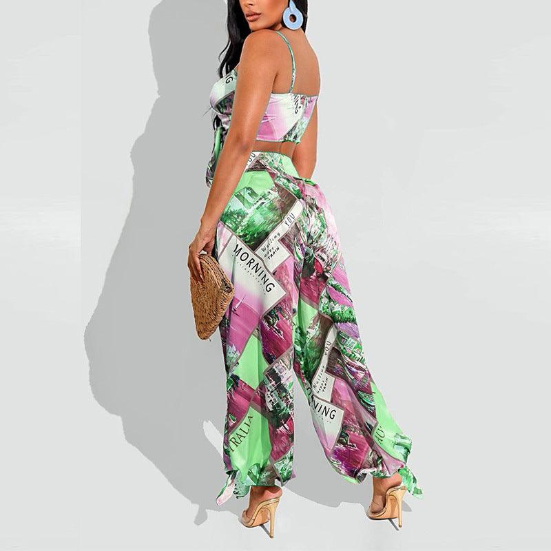 Women's Printed Chest Wrap Harem Pants Suit - Nioor