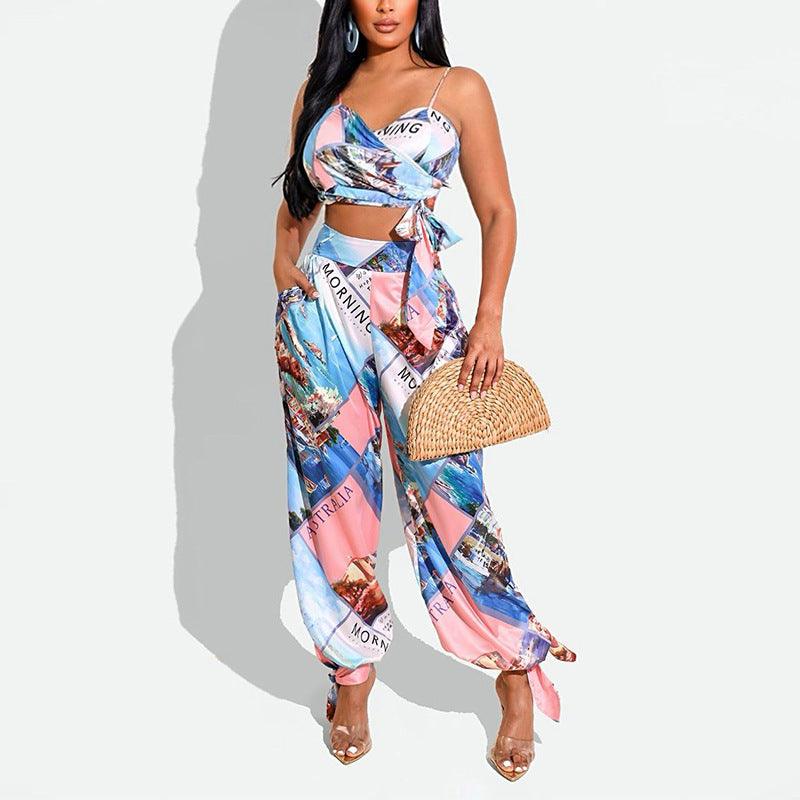 Women's Printed Chest Wrap Harem Pants Suit - Nioor