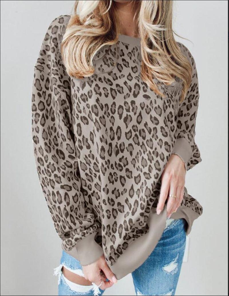 Women's Printed Pullover Loose Leopard Print Round Neck Long Sleeve T-shirt - Nioor