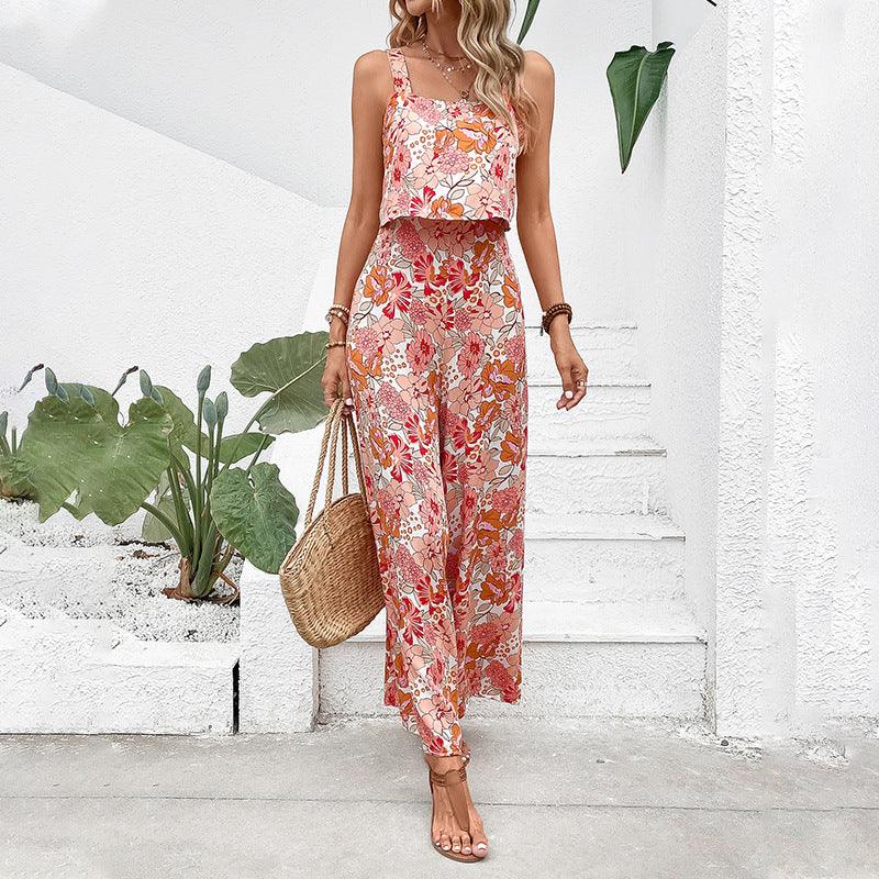 Women's Printed Square Collar Camisole Jumpsuit - Nioor