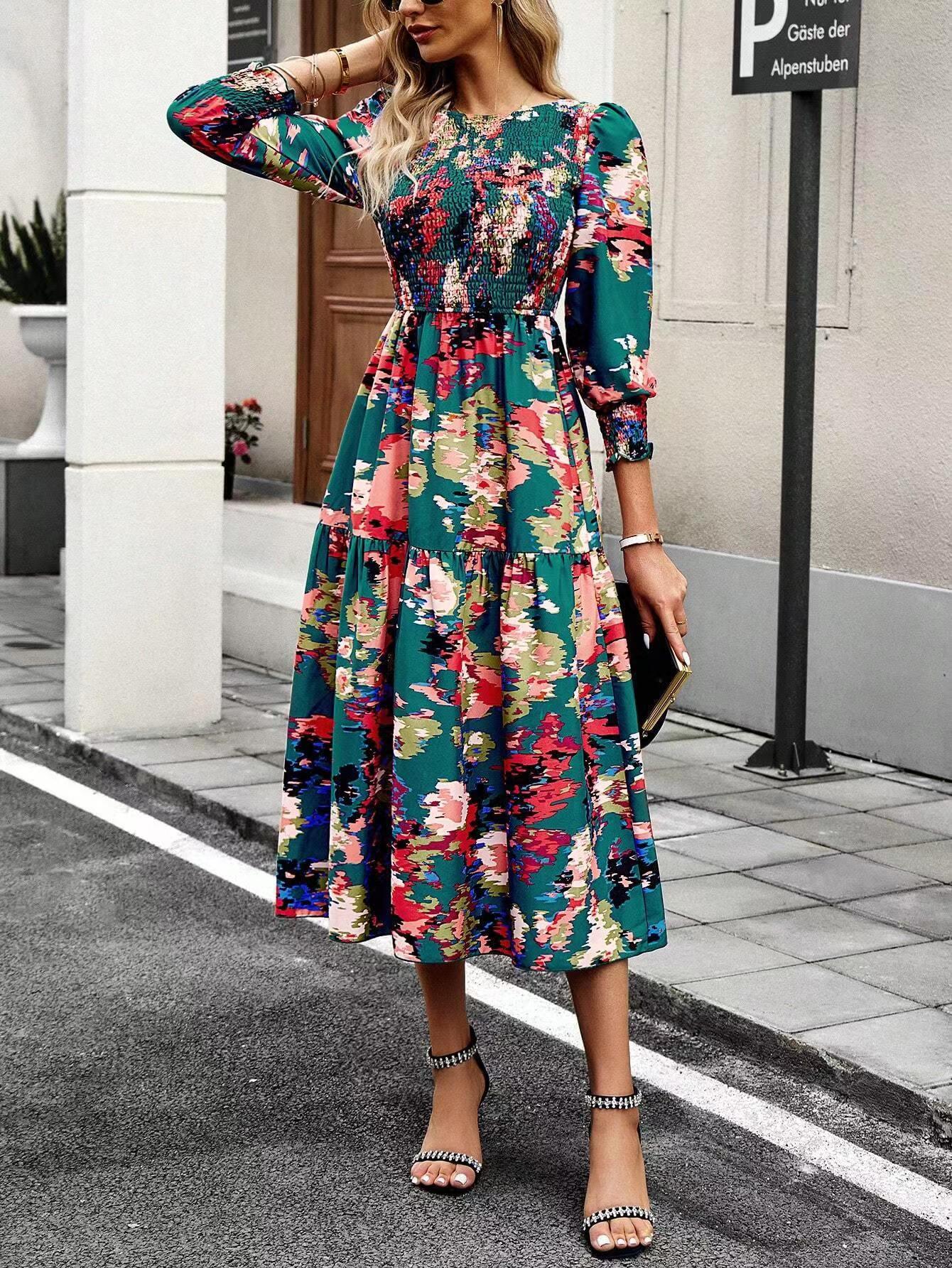 Women's Printed Wear Long Sleeve Dress - Nioor