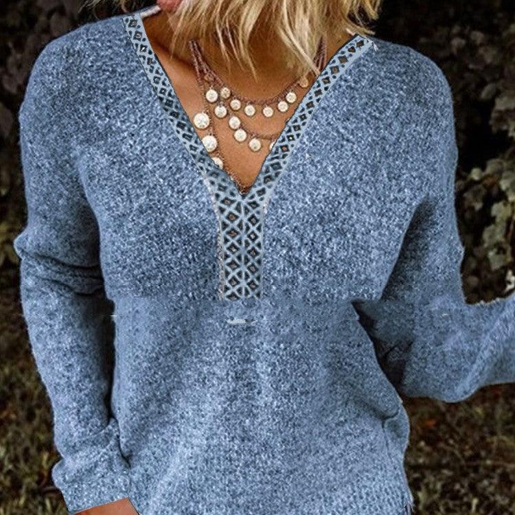 Women's Pullover Lace Stitching Sweater - Nioor