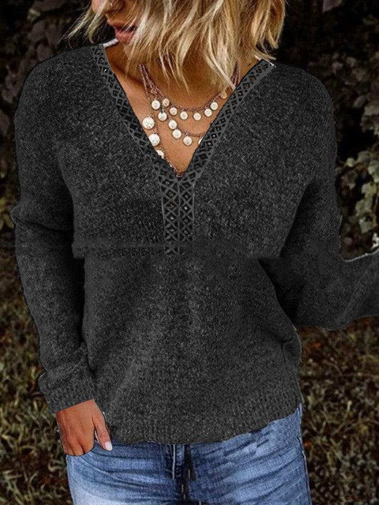 Women's Pullover Lace Stitching Sweater - Nioor