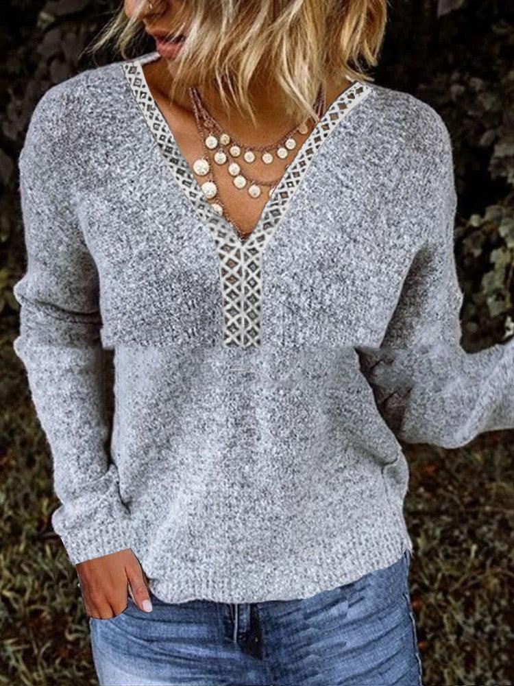 Women's Pullover Lace Stitching Sweater - Nioor