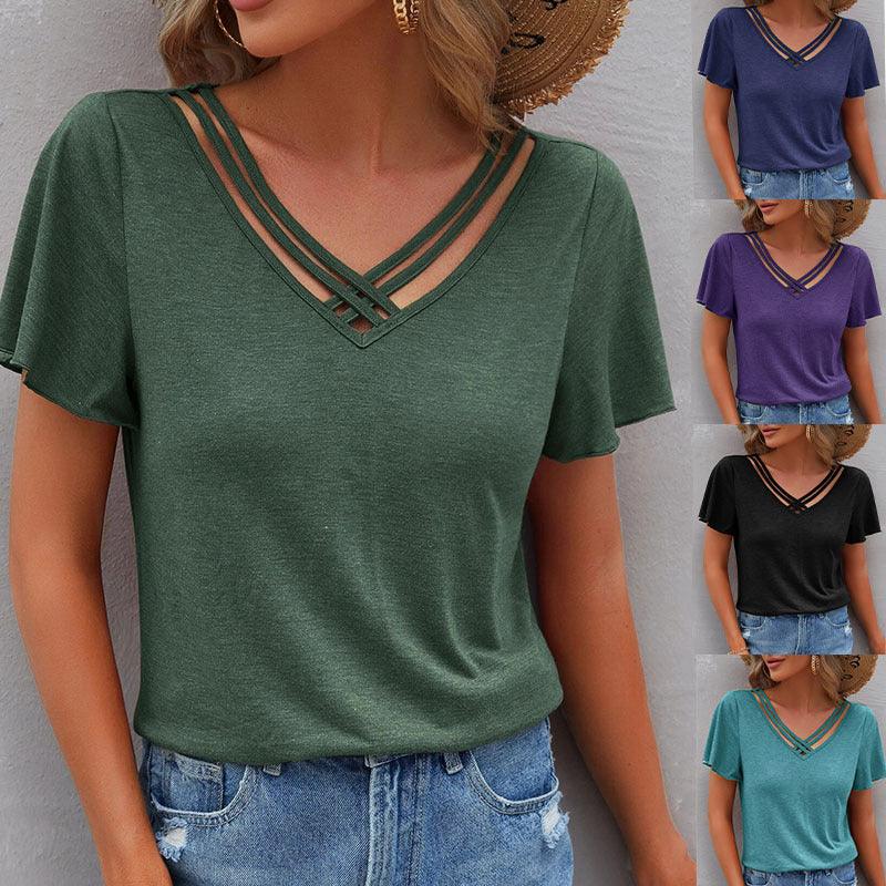 Women's Pure Color Ruffles Short-sleeved Top T-shirt - Nioor