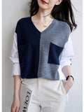 Women's Retro Contrast Color V-neck Knitted Stitching Pocket Shirt - Nioor