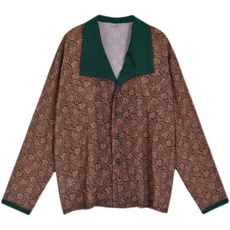 Women's Retro Contrasting Lapel Long Sleeved Floral Shirt - Nioor