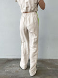 Women's Retro Loose Casual Lace-up Shirt Top High Waist Wide Leg Pants Suit - Nioor