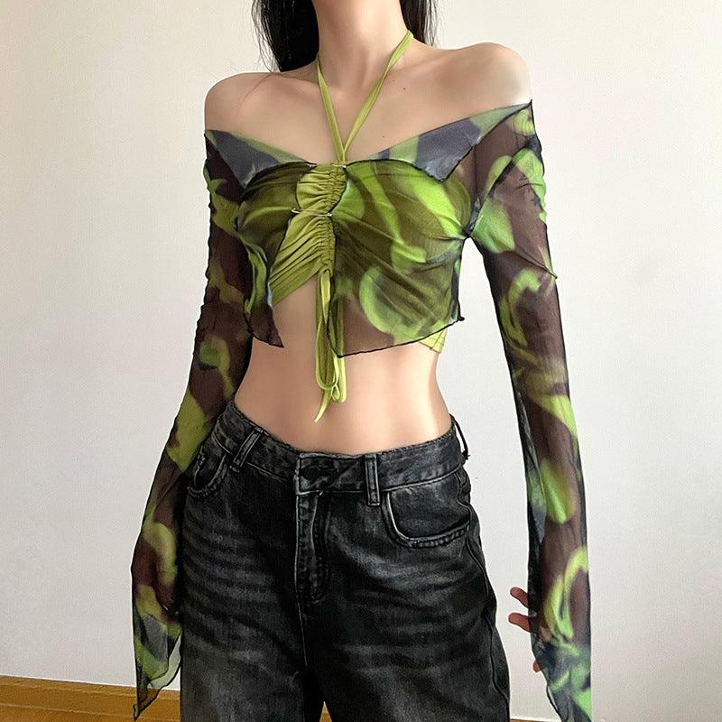 Women's Retro Tie-dye Gradient Light Mesh One-shoulder Cardigan Spicy Girl Smocked Pleated Ties Hanging Neck Two-piece Tops - Nioor