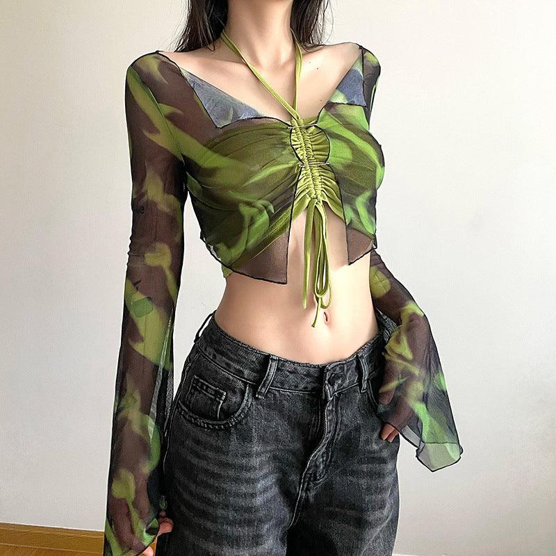 Women's Retro Tie-dye Gradient Light Mesh One-shoulder Cardigan Spicy Girl Smocked Pleated Ties Hanging Neck Two-piece Tops - Nioor