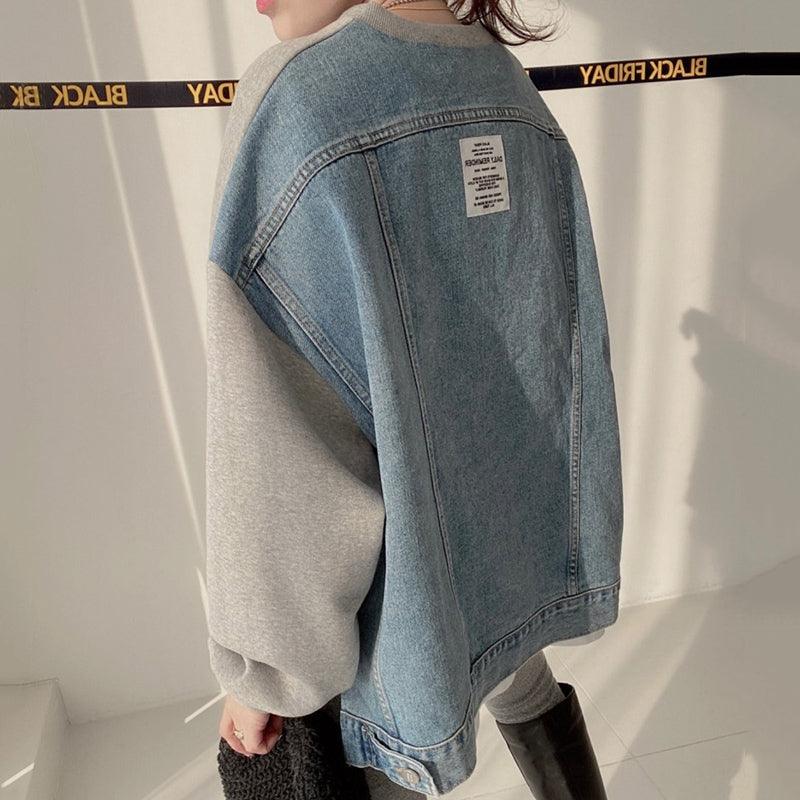 Women's Round Neck Letter Patch Denim Sweatshirt - Nioor