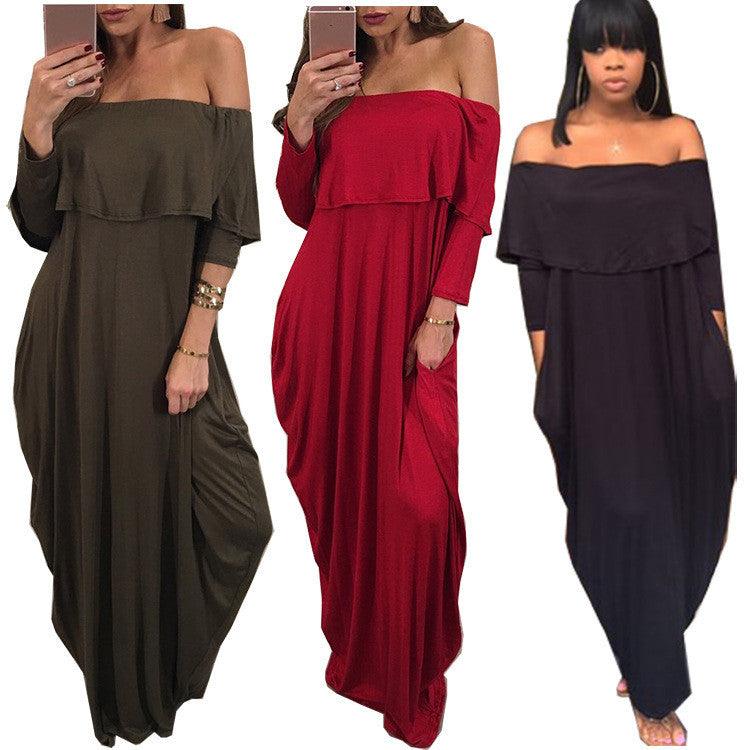 Women's Ruffled Off-shoulder Long Sleeve Dress - Nioor