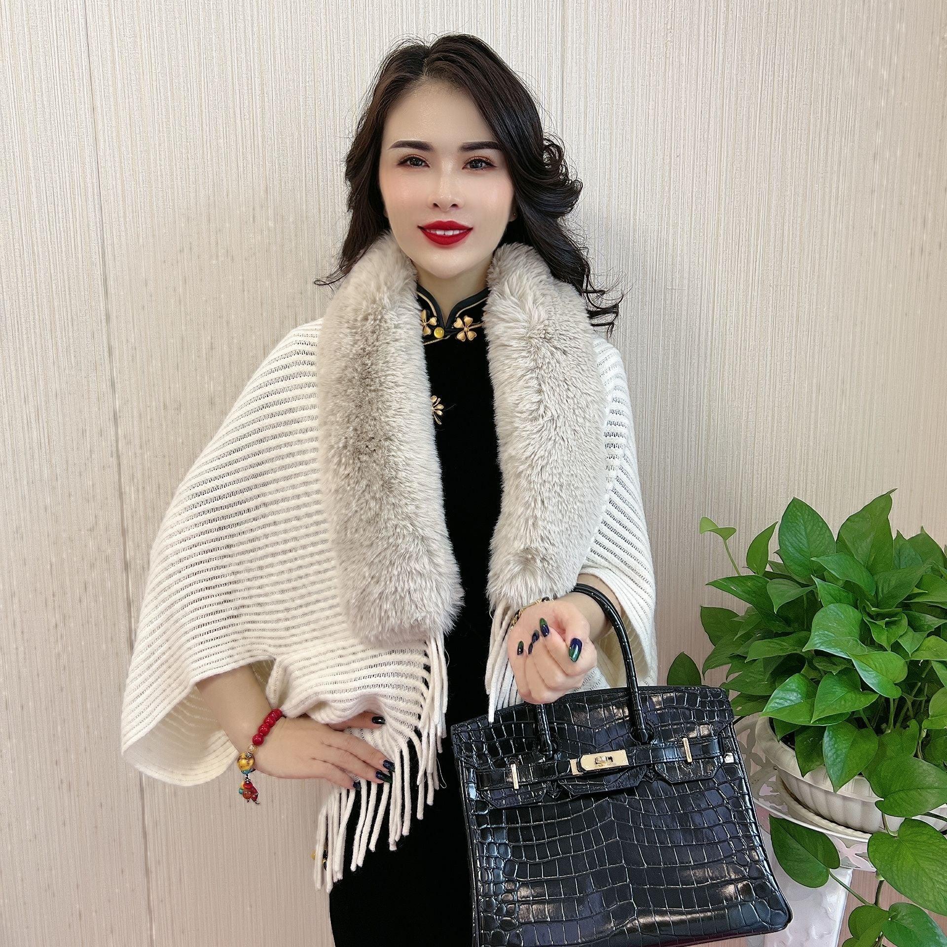 Women's Scarf Knitted Fur Collar Shawl Tassel - Nioor