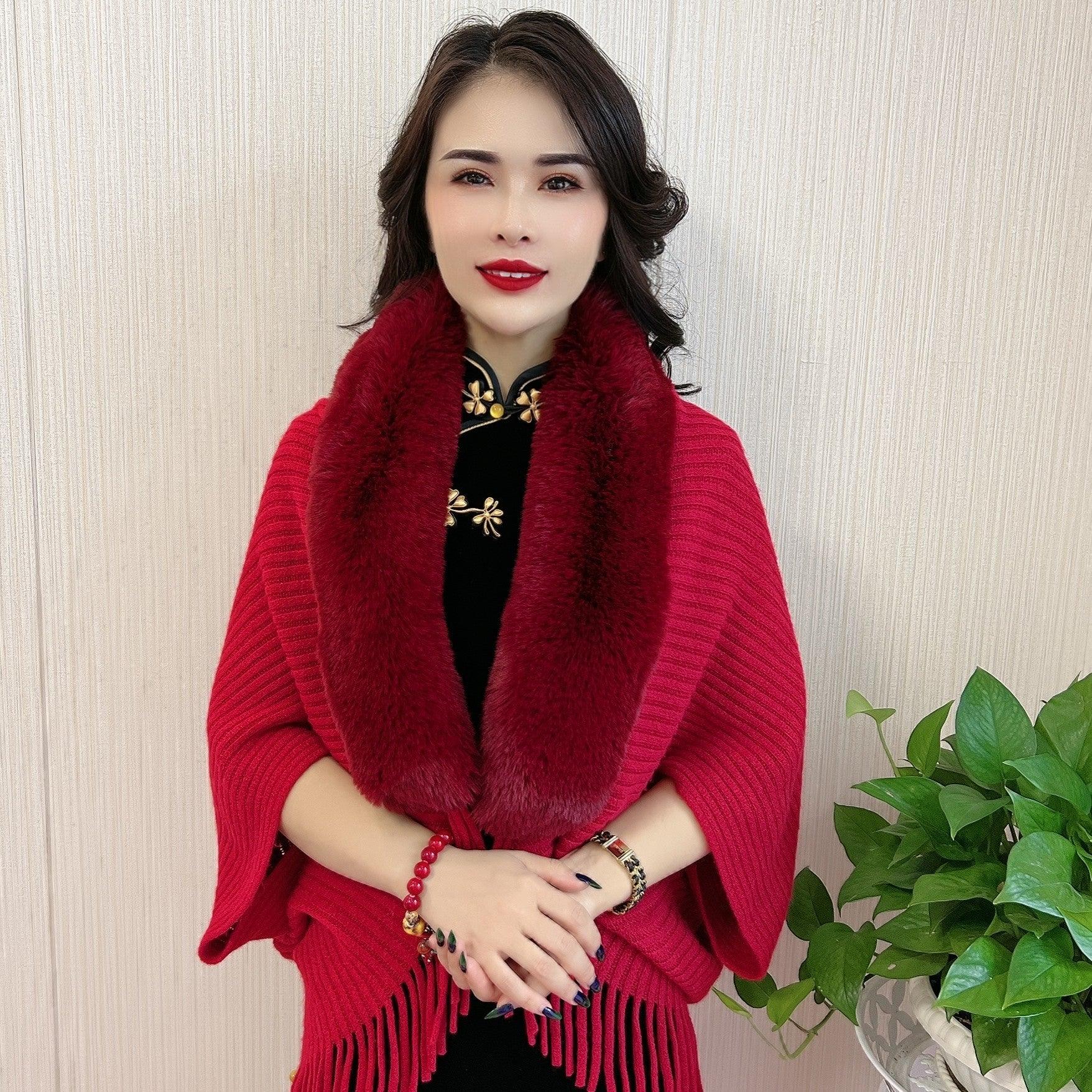 Women's Scarf Knitted Fur Collar Shawl Tassel - Nioor