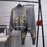 Women's Sequin Bead Long-sleeved Sweater Trousers Two-piece Set - Nioor