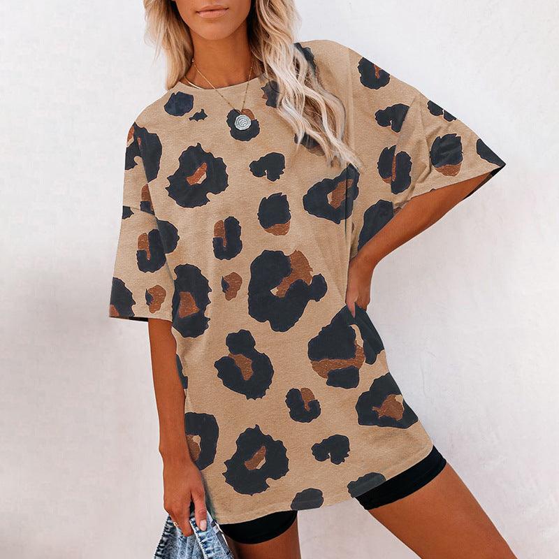 Women's Short Sleeve Temperament Leopard Print Loose Round Neck T-shirt - Nioor