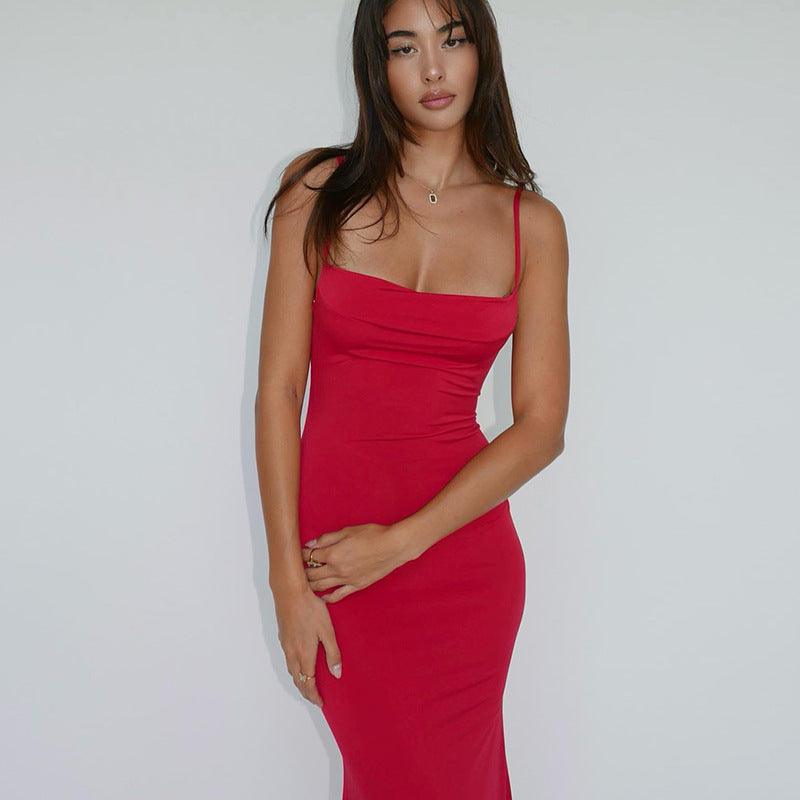 Women's Slim Fit Backless Strap Solid Color Dress - Nioor