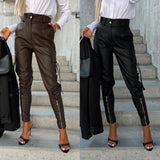 Women's Slim PU Leather Waist Skinny Trousers - Nioor