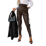 Women's Slim PU Leather Waist Skinny Trousers - Nioor