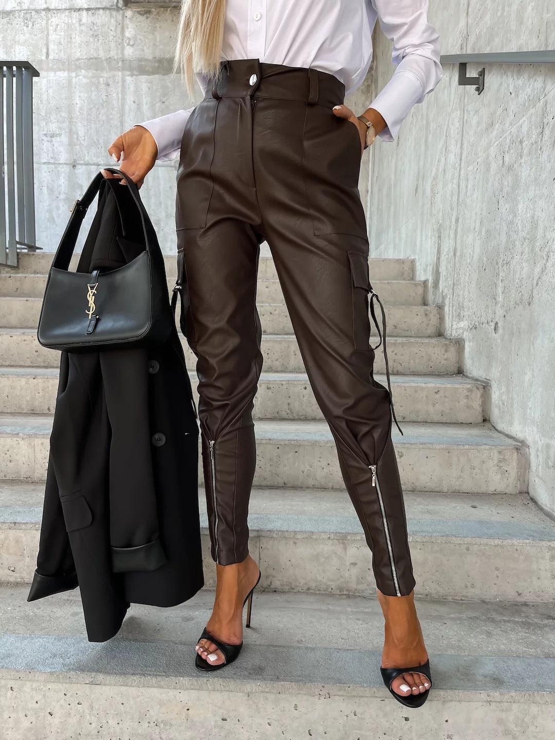 Women's Slim PU Leather Waist Skinny Trousers - Nioor