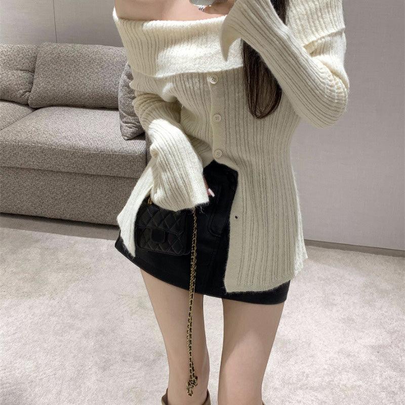 Women's Slim Short Lazy Long Sleeve Knit Pullover Sweater - Nioor