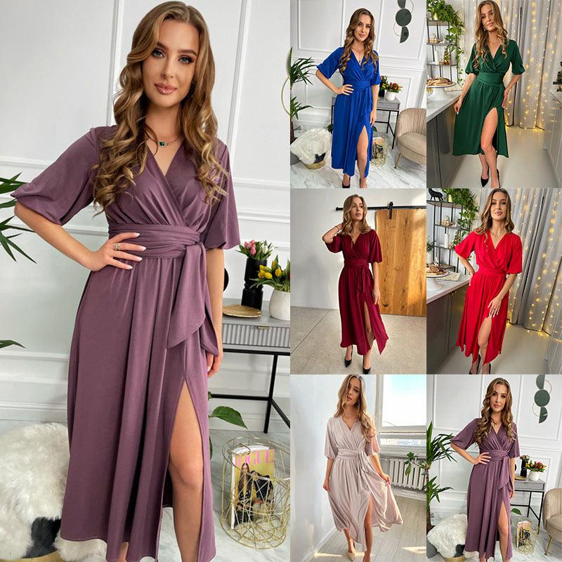 Women's Solid Color And V-neck Lantern Sleeve Waist-tight Maxi Self-tie Slit Dress - Nioor