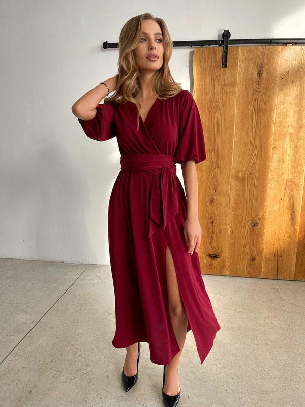 Women's Solid Color And V-neck Lantern Sleeve Waist-tight Maxi Self-tie Slit Dress - Nioor