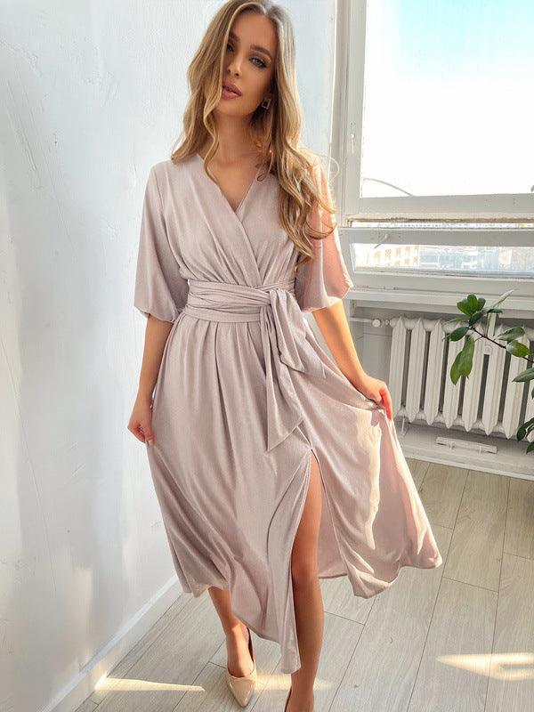 Women's Solid Color And V-neck Lantern Sleeve Waist-tight Maxi Self-tie Slit Dress - Nioor