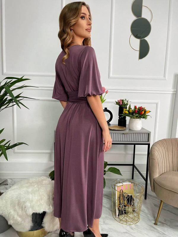 Women's Solid Color And V-neck Lantern Sleeve Waist-tight Maxi Self-tie Slit Dress - Nioor