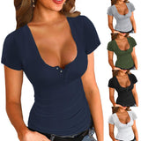 Women's Solid Color Casual T-shirt U-neck - Nioor