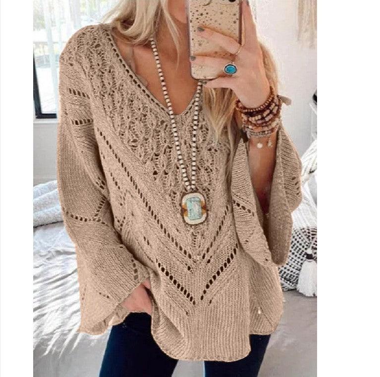 Women's Solid Color Cutout V-Neck Flared Sleeve Knit Sweater - Nioor