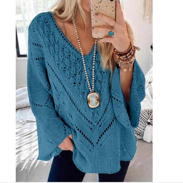 Women's Solid Color Cutout V-Neck Flared Sleeve Knit Sweater - Nioor