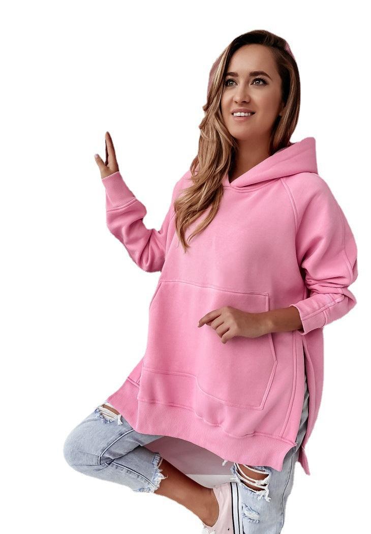 Women's Solid Color Long Sleeve Side Slit Hooded Sweater - Nioor