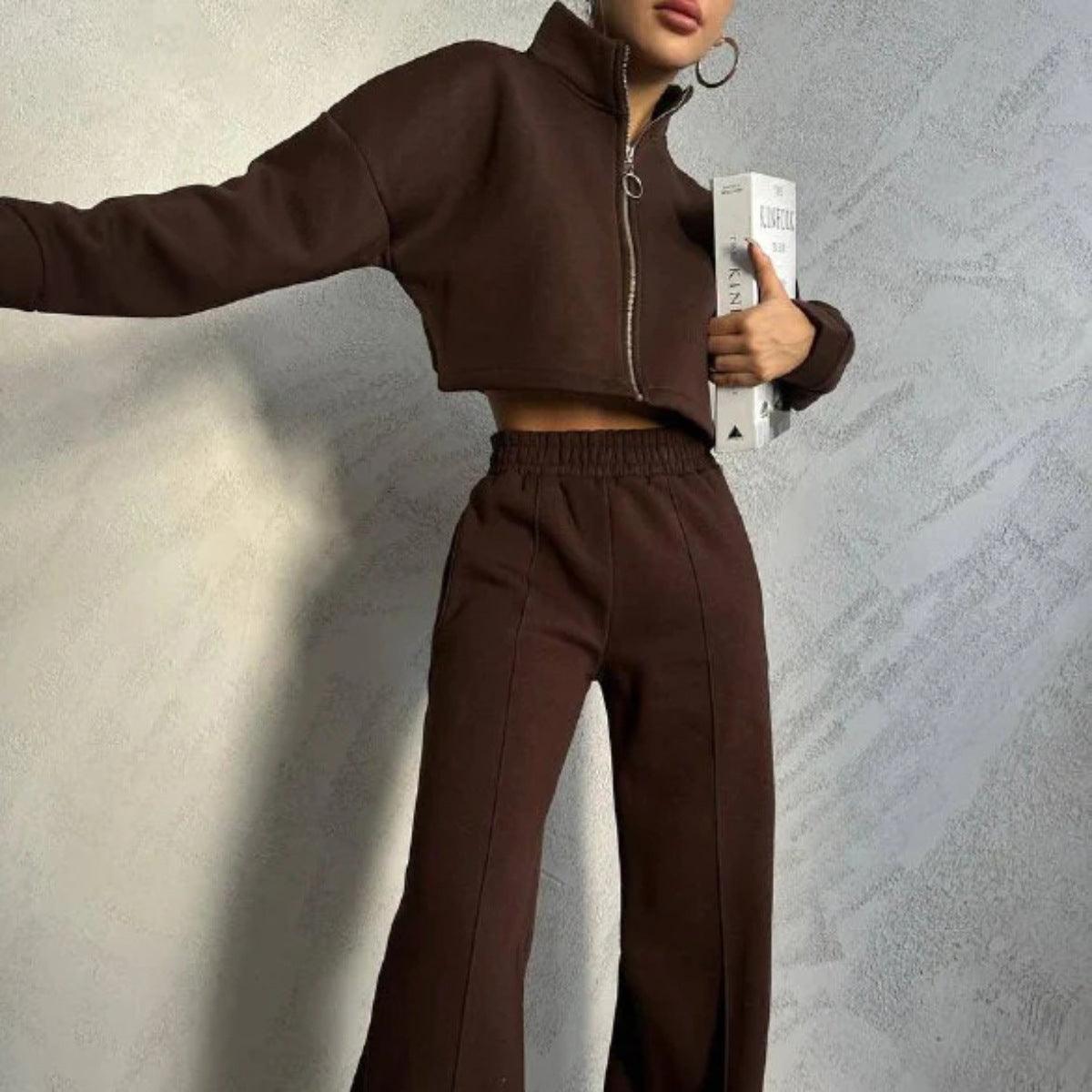 Women's Solid Color Round Neck Pullover Long Sleeve Sweater Trousers Suit - Nioor