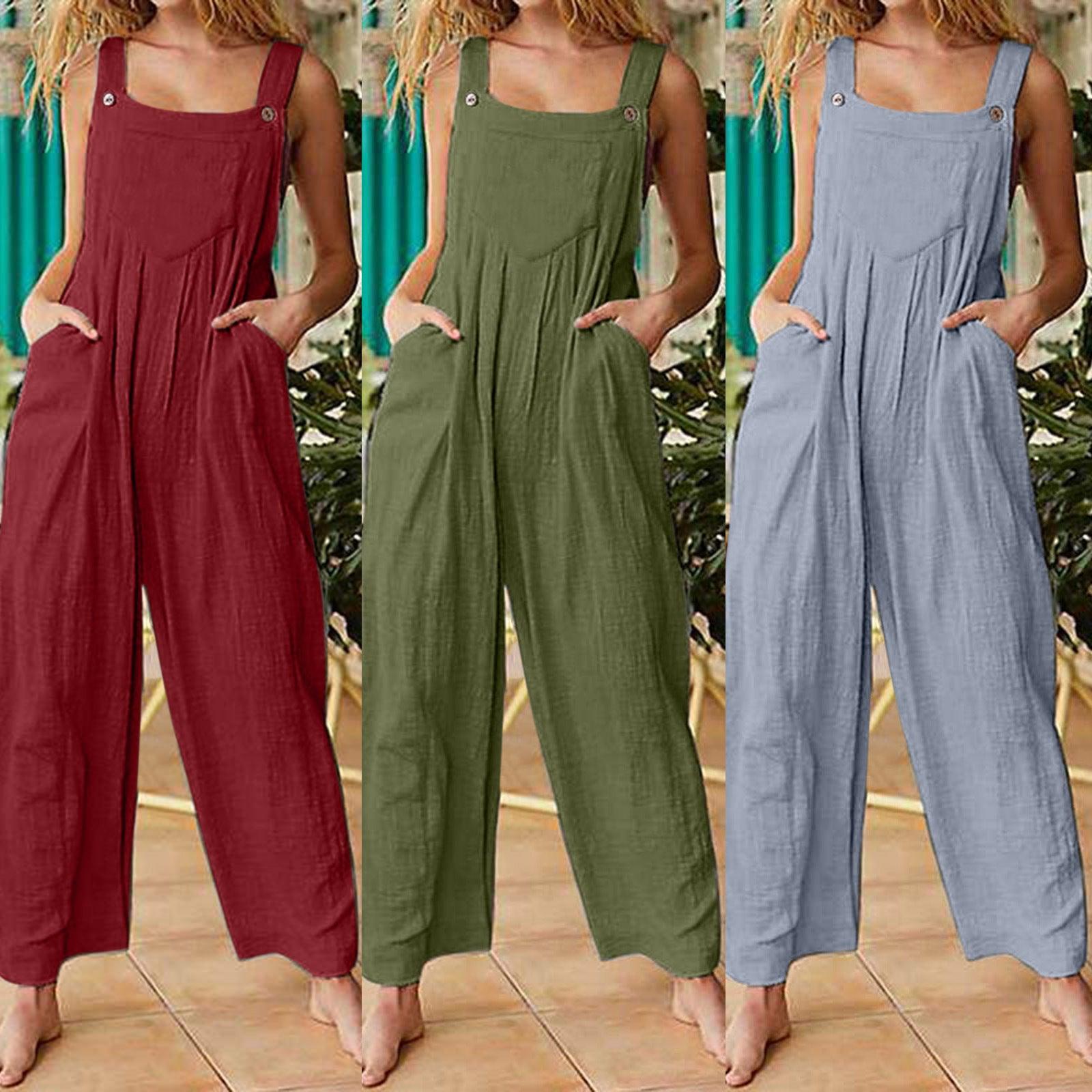 Women's Solid Color Side Pocket Loose Overalls - Nioor