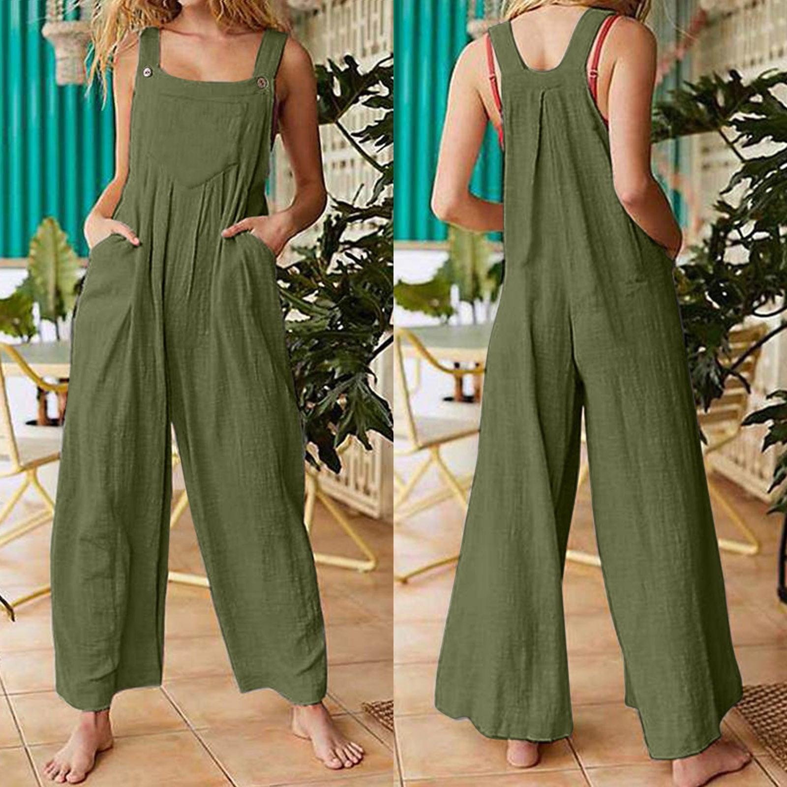 Women's Solid Color Side Pocket Loose Overalls - Nioor