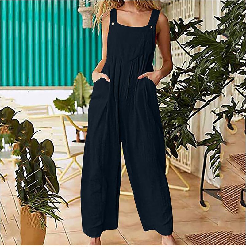 Women's Solid Color Side Pocket Loose Overalls - Nioor