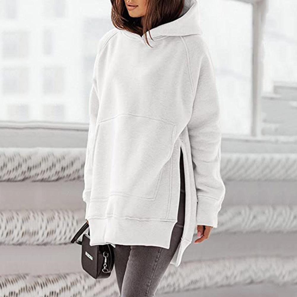 Women's Solid Round Neck Loose Pocket Plush Hoodie - Nioor