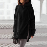 Women's Solid Round Neck Loose Pocket Plush Hoodie - Nioor