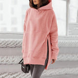 Women's Solid Round Neck Loose Pocket Plush Hoodie - Nioor