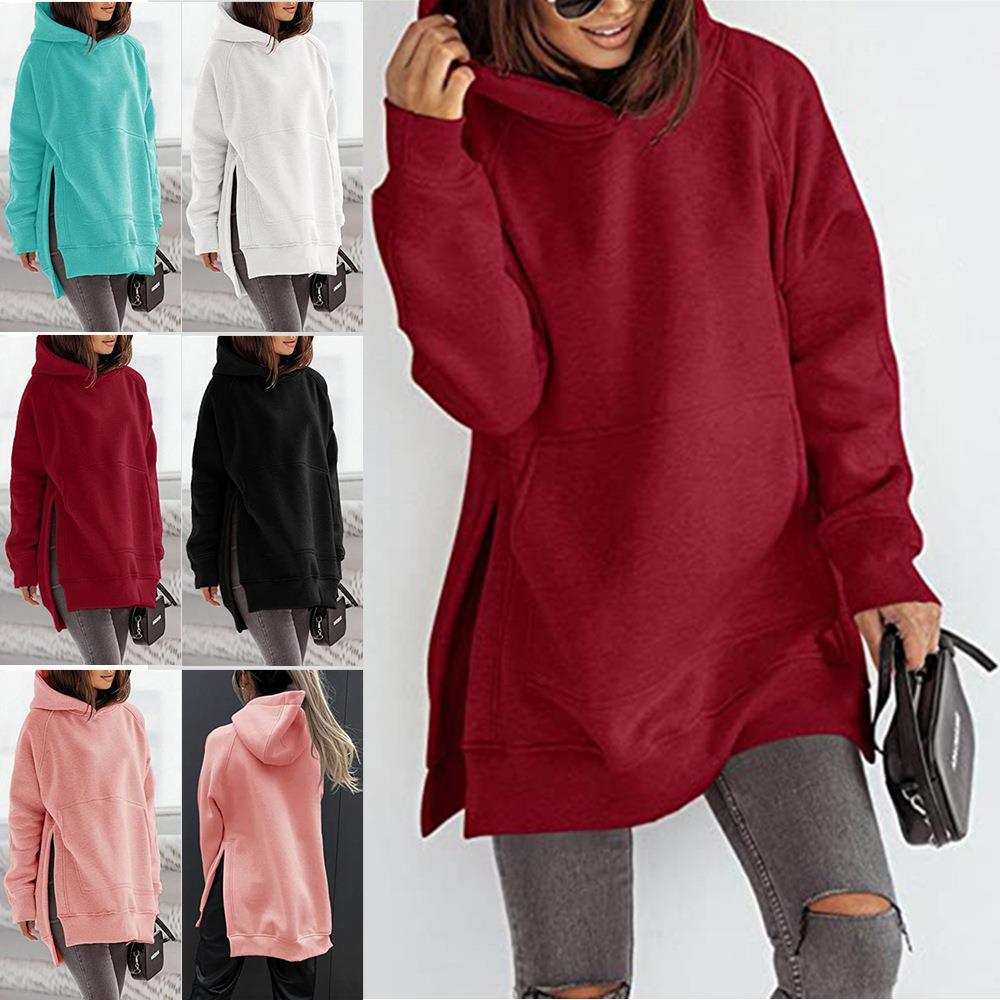 Women's Solid Round Neck Loose Pocket Plush Hoodie - Nioor