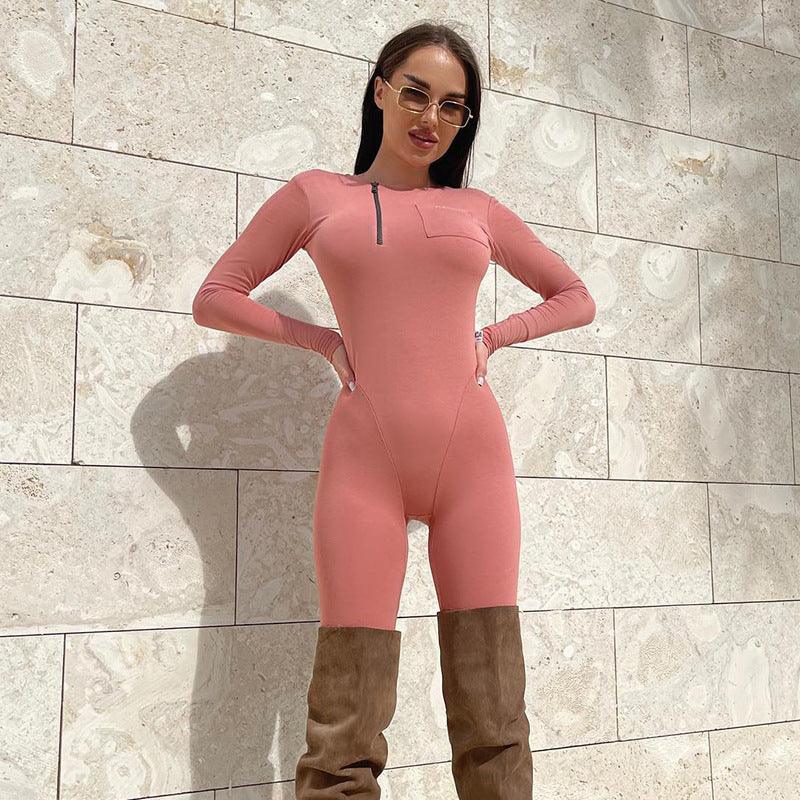 Women's Sports Casual Solid Color Round Neck Zipper Pocket Long Sleeve Slim Fit One-piece Trousers - Nioor